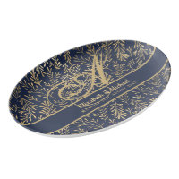 Monogram Navy Blue Gold Leaf Newlyweds Wedding Porcelain Serving Platter