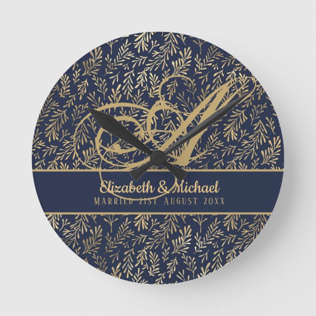 Monogram Navy Blue Gold Leaf Newlyweds Wedding Round Clock (Front)