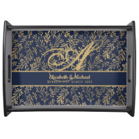 Monogram Navy Blue Gold Leaf Newlyweds Wedding Serving Tray