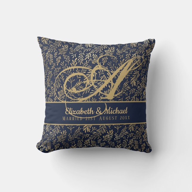 Monogram Navy Blue Gold Leaf Newlyweds Wedding Throw Pillow (Front)