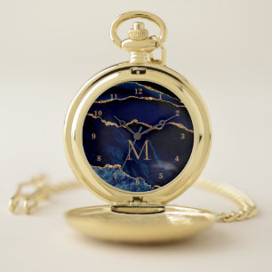 Monogram Navy Blue Gold Marble Pocket Watch Gift