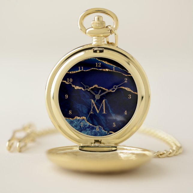 Monogram Navy Blue Gold Marble Pocket Watch Gift (Inside)