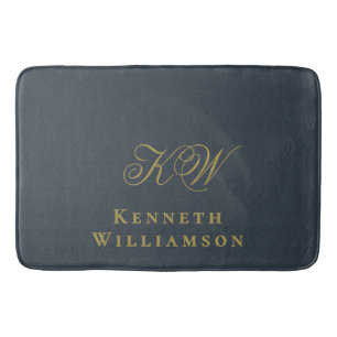 Monogram Navy Blue Gold Name Minimalist Men  Bath Mat