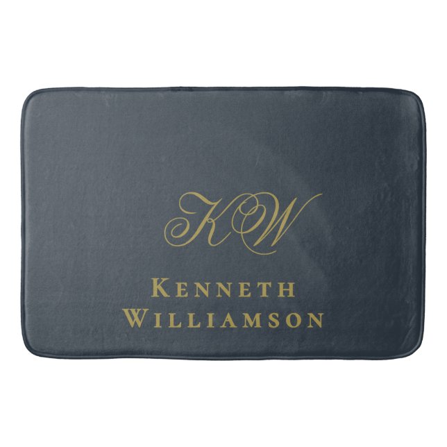 Monogram Navy Blue Gold Name Minimalist Men  Bath Mat (Front)