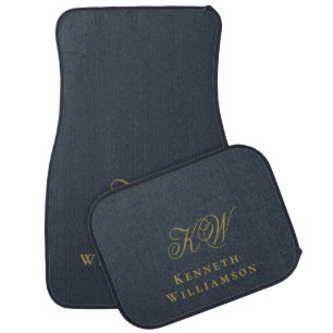 Monogram Navy Blue Gold Name Minimalist Men Car Floor Mat