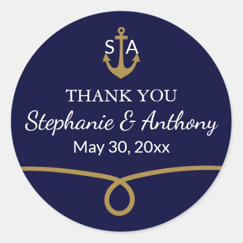 Monogram Navy Blue Gold Nautical Anchor Wedding Classic Round Sticker