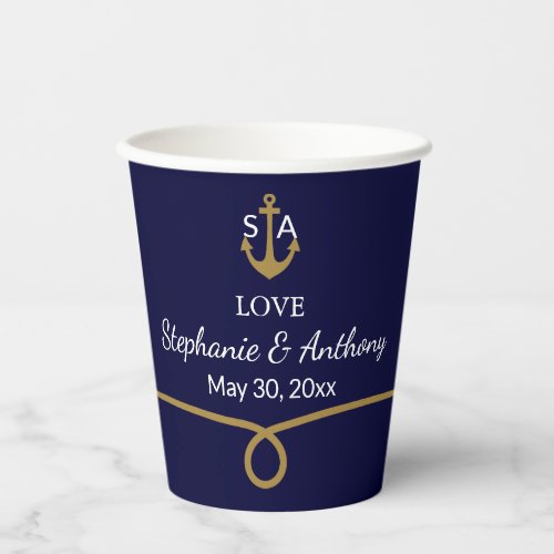 Monogram Navy Blue Gold Nautical Anchor Wedding Paper Cups