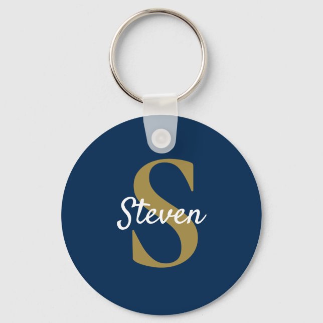 Monogram Navy Blue Gold Personalized Name Keychain (Front)