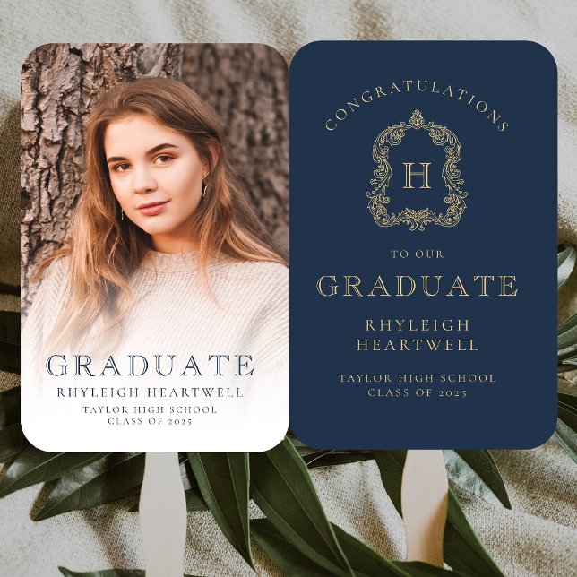 Monogram Navy Blue Gold Photo Graduation Hand Fan (Creator Uploaded)