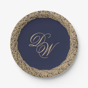 Monogram Navy Blue Gold Roses Script Vintage Paper Plates