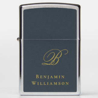 Monogram Navy Blue Gold Script Initial Minimal Men Zippo Lighter
