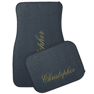 Monogram Navy Blue Gold Script Name Minimalist Men Car Floor Mat