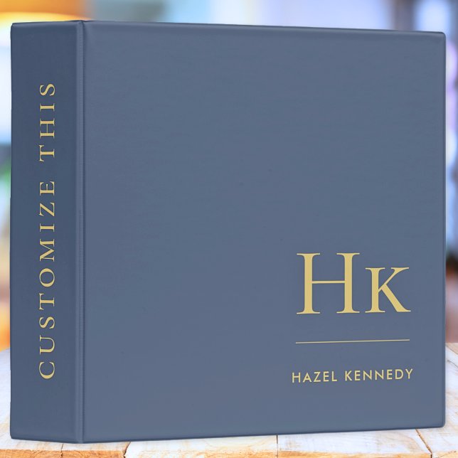 Monogram | Navy Blue Gold Simple Elegant Initials 3 Ring Binder (Creator Uploaded)