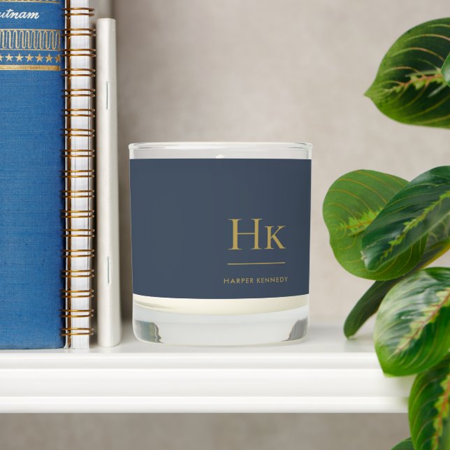 Monogram Navy Blue Gold Simple Monogrammed Scented Candle (Shelf)