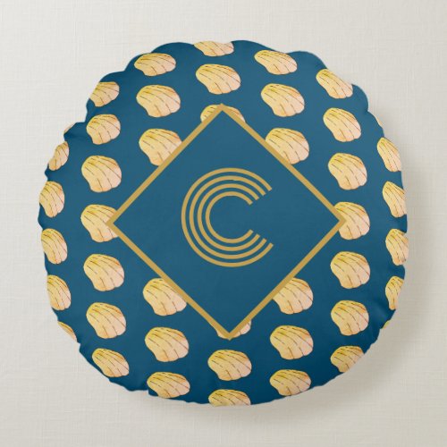 Monogram Navy Blue Gold Watercolor Clam Shells Round Pillow