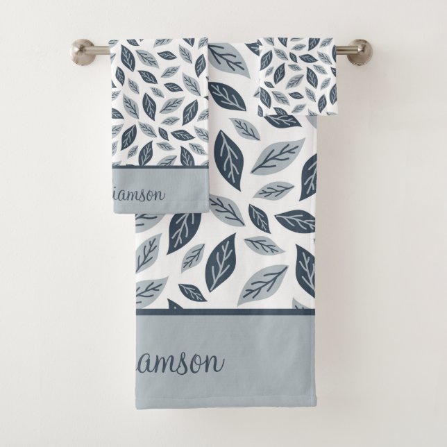 Monogram Navy Blue Gray Leaves Botanical Gift Bath Towel Set (Insitu)