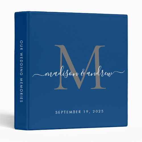 Monogram Navy Blue Gray Script Wedding Album 3 Ring Binder