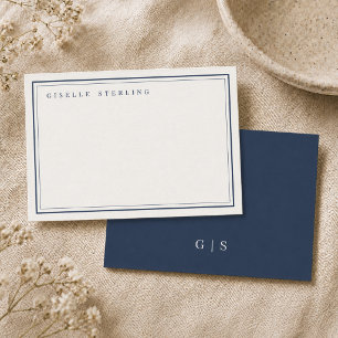 Monogram Navy Blue Ivory Double Border Note Card
