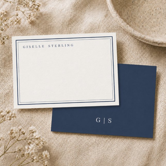 Monogram Navy Blue Ivory Double Border Note Card (Creator Uploaded)
