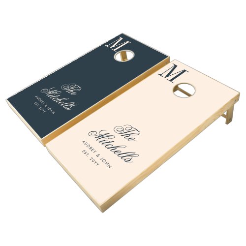 Monogram Navy Blue Ivory Script Wedding Cornhole Set