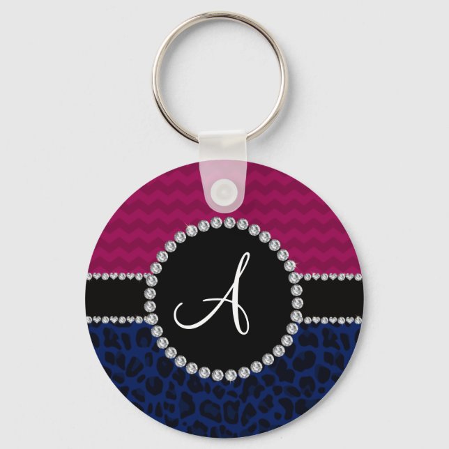Monogram navy blue leopard plum chevrons keychain (Front)