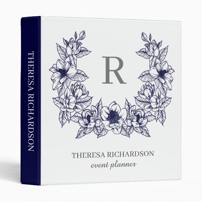 Monogram Navy Blue Magnolia Flowers Wreath 3 Ring Binder (Front/Spine)