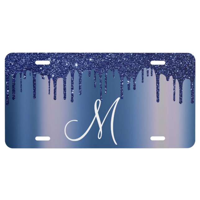Monogram Navy Blue Metallic Glitter Drips License Plate (Front)
