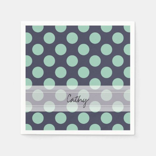 Monogram Navy Blue Mint Green Polka Dot Pattern Paper Napkins