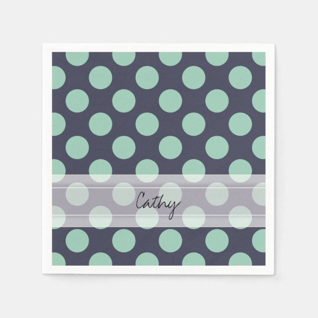 Monogram Navy Blue Mint Green Polka Dot Pattern Paper Napkins (Front)