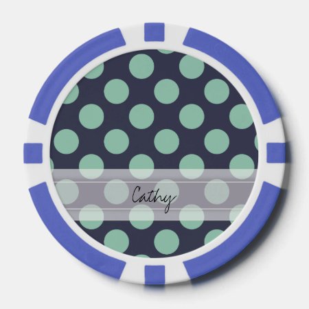 Monogram Navy Blue Mint Green Polka Dot Pattern Poker Chips