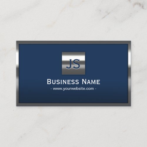 Monogram Navy Blue Modern Metal Frame Professional Business Card