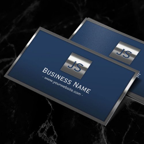 Monogram Navy Blue Modern Metal Frame Professional Business Card
