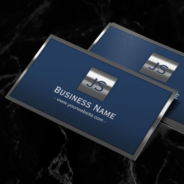 Monogram Navy Blue Modern Metal Frame Professional Business Card