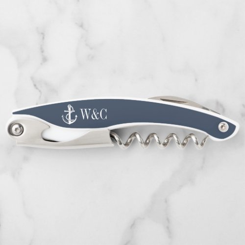 Monogram Navy Blue Nautical Boat Anchor Waiters Corkscrew