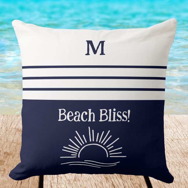 Monogram Navy Blue Nautical Stripes Beach House Throw Pillow (Creator Uploaded)