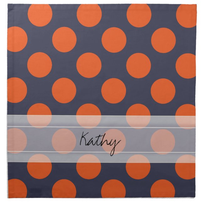 Monogram Navy Blue Orange Chic Polka Dot Pattern Cloth Napkin (Front)