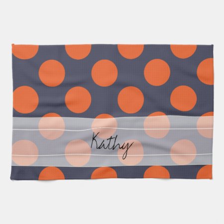 Monogram Navy Blue Orange Chic Polka Dot Pattern Kitchen Towel