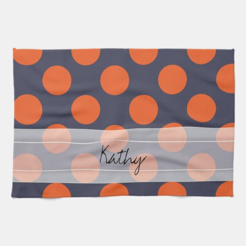 Monogram Navy Blue Orange Chic Polka Dot Pattern Kitchen Towel