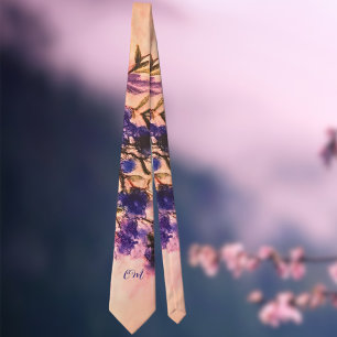Monogram navy blue peach purple floral watercolor neck tie