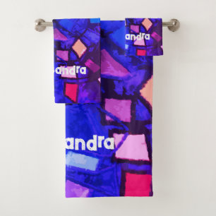 Monogram navy blue pink colorful bright abstract bath towel set