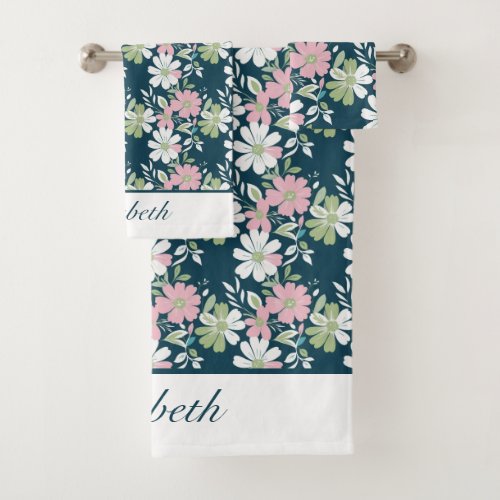 Monogram Navy blue Pink Green White Floral Flowers Bath Towel Set