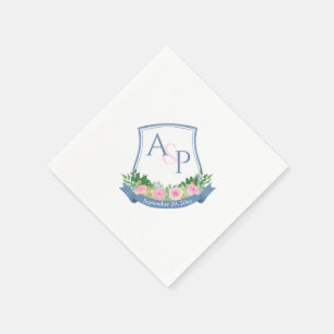 Monogram Navy Blue Pink Roses Wedding Crest Napkins