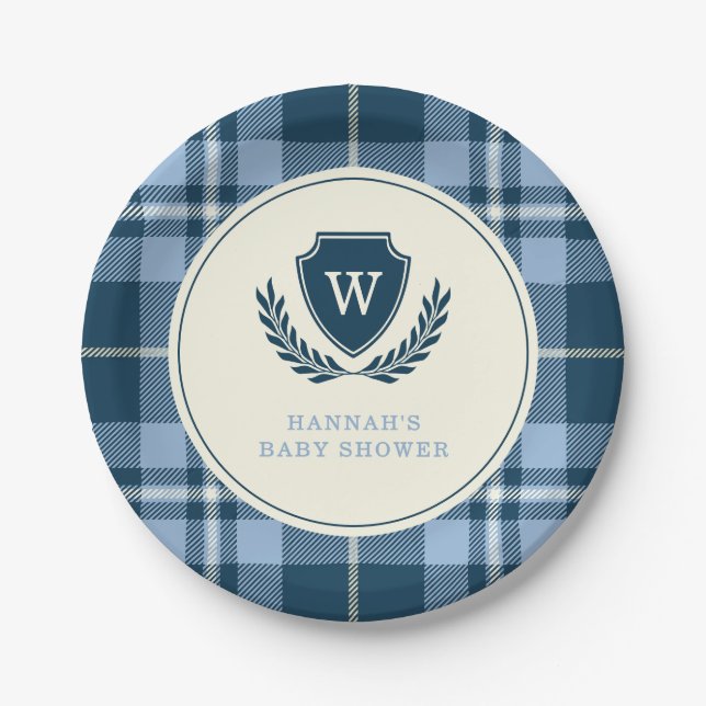 Monogram Navy Blue Plaid Baby Boy Shower  Paper Plates (Front)
