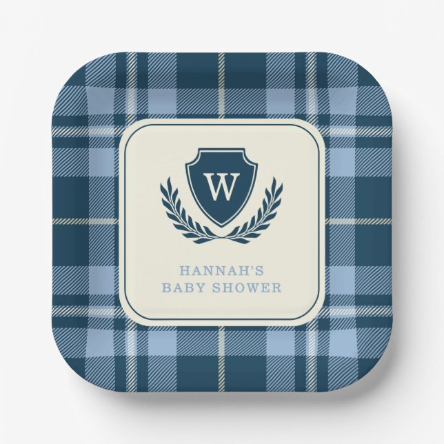 Monogram Navy Blue Plaid Baby Boy Shower Paper Plates (Front)