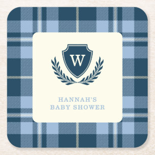 Monogram Navy Blue Plaid Baby Shower Celebration Square Paper Coaster