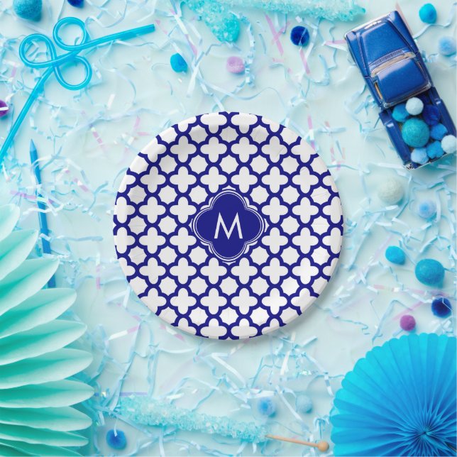 Monogram Navy Blue Quatrefoil Pattern Paper Plates (Party)