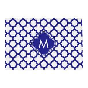 Monogram Navy Blue Quatrefoil Pattern Placemat