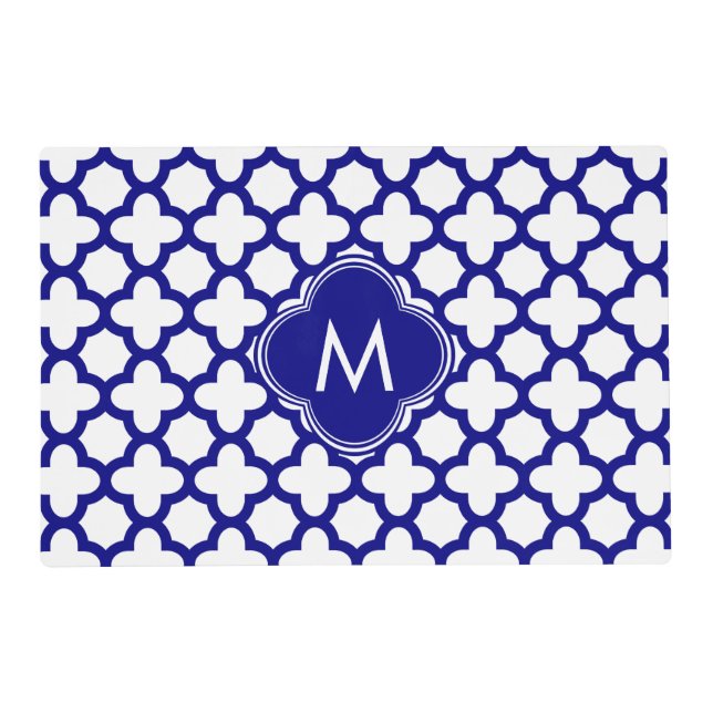 Monogram Navy Blue Quatrefoil Pattern Placemat (Front)