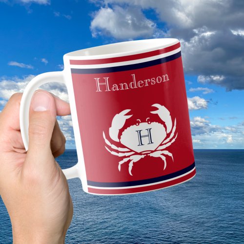 Monogram Navy Blue Red  White Crab Nautical Coffee Coffee Mug