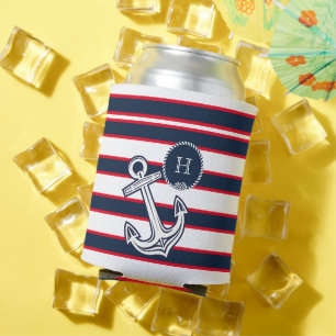 Monogram  Navy Blue Red White Nautical Stripes  Can Cooler
